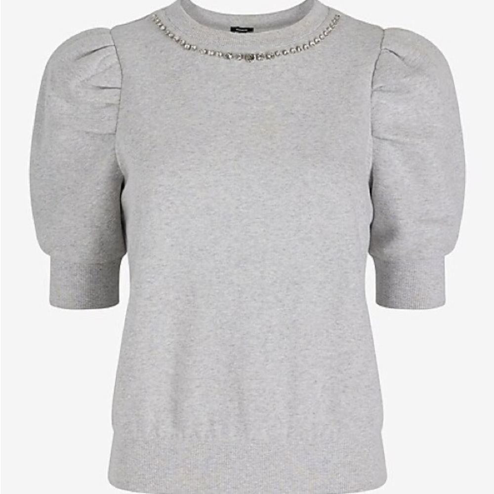 EXPRESS Embellished Crewneck Gray Short Puff Sleeve Fleece Top Medium